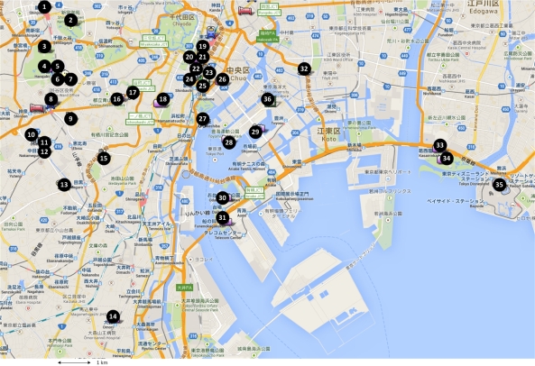 Kort over Tokyo med spotnumre